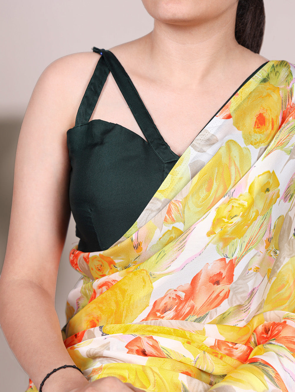 Yellow satin saree with matching blouse