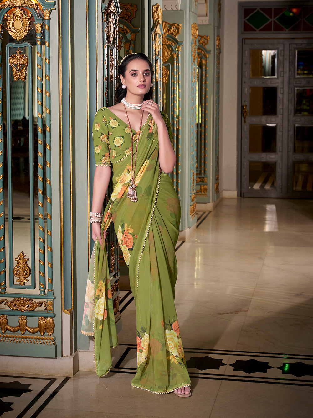 Georgette saree with pearl lace and zari details