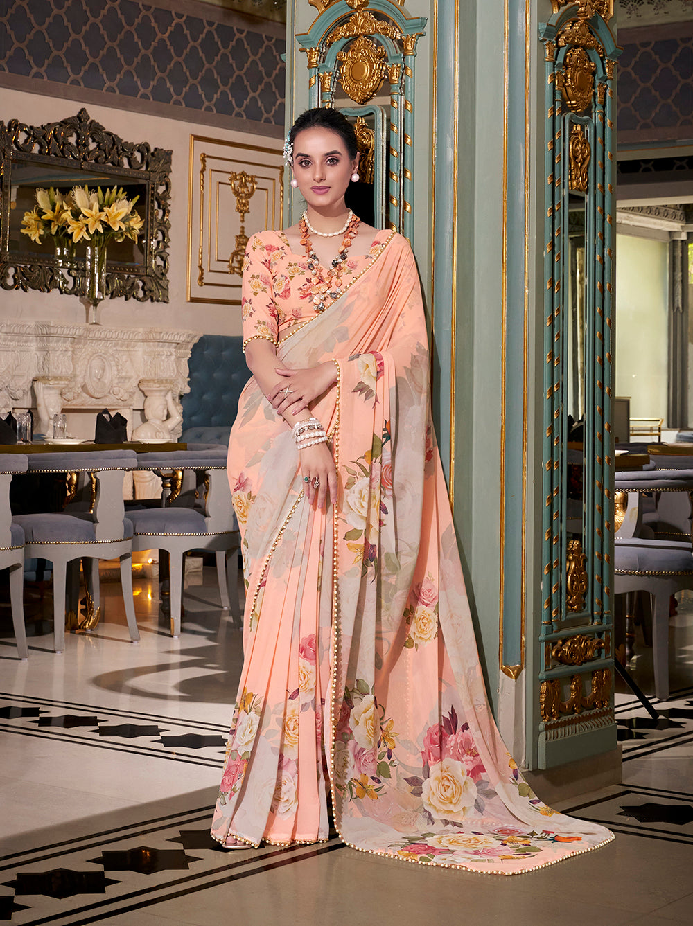 Peach printed saree with matching blouse