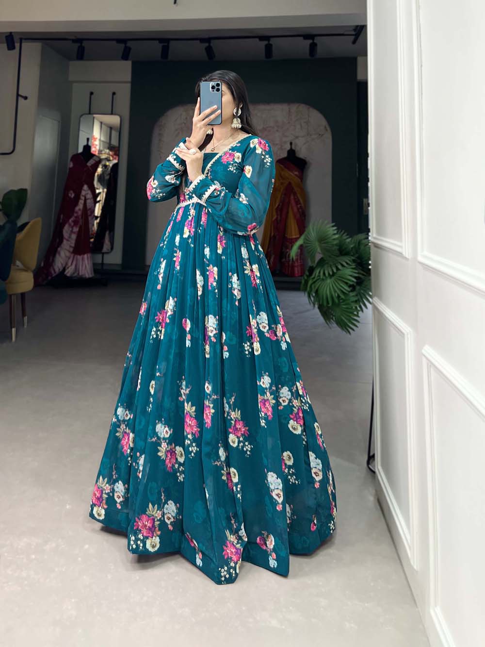 Firozi Color Floral Print With Lace Border Georgette Dress