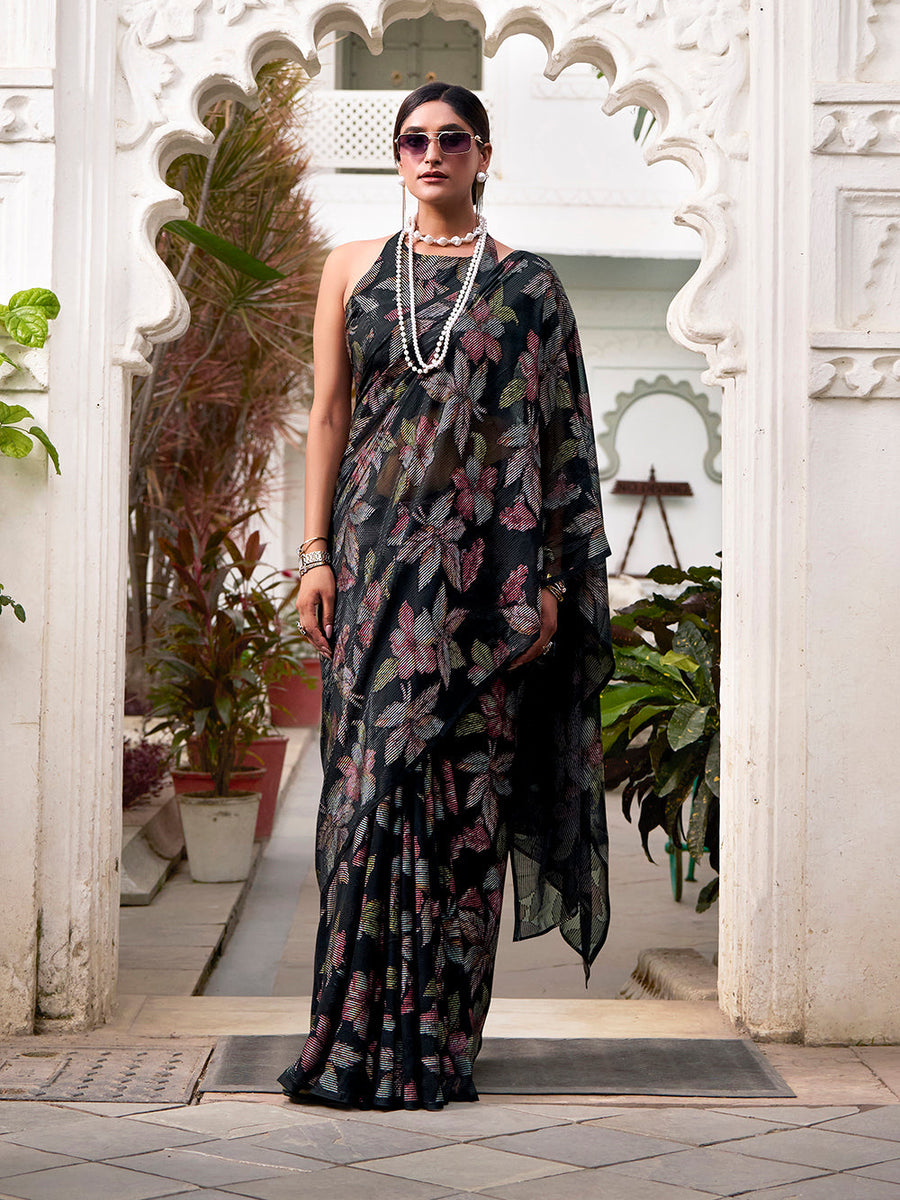 Black lurex brasso saree with floral viscose work