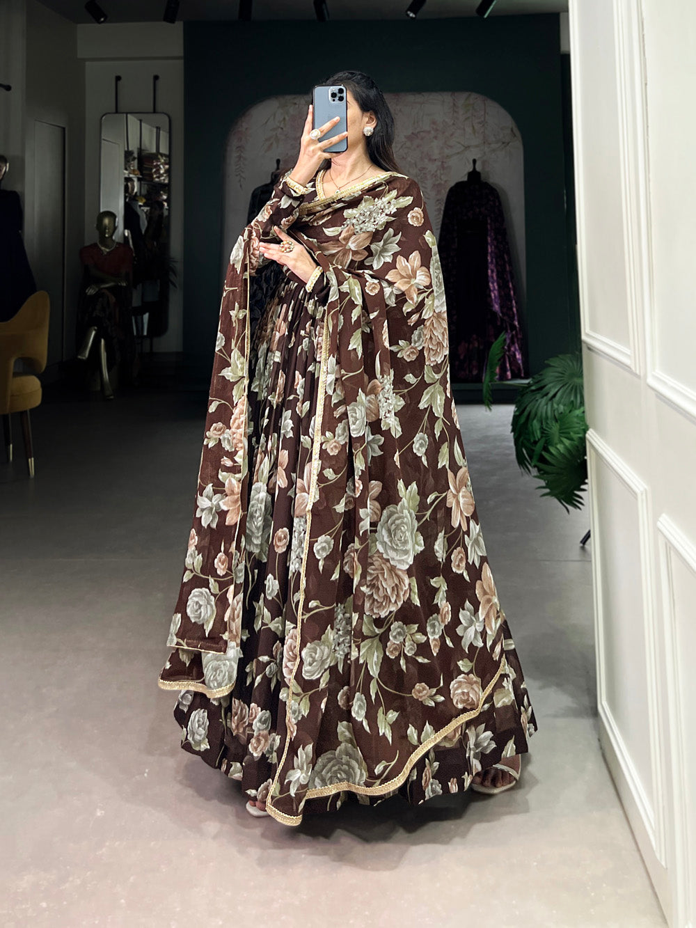 Brown Color Floral Print With Lace Border Marbel Gown