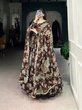Brown Color Floral Print With Lace Border Marbel Gown
