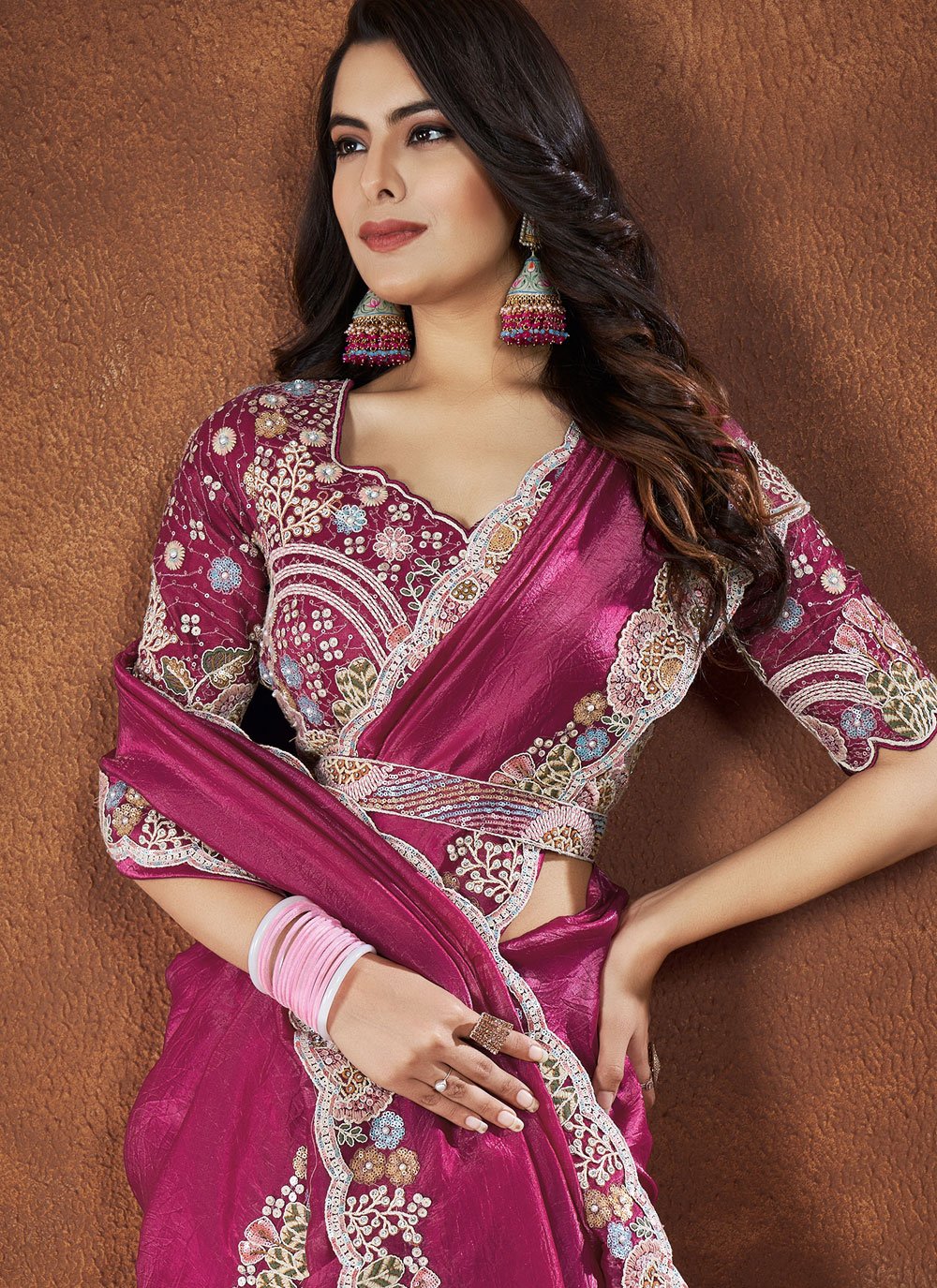 Party Wear Pink Banarasi Crush Silk Saree with Net Stitched Blouse