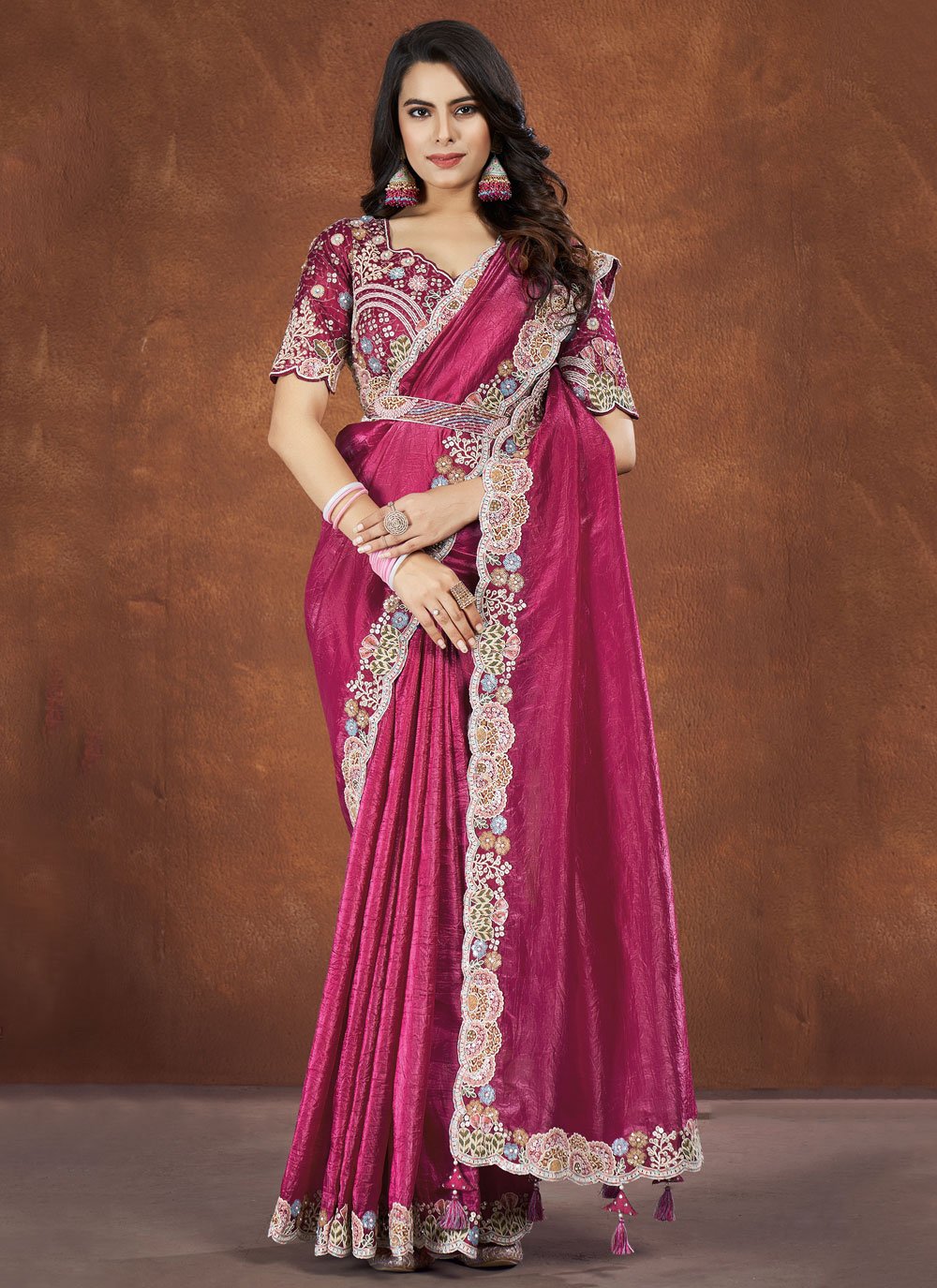 Party Wear Pink Banarasi Crush Silk Saree with Net Stitched Blouse