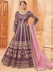 Party Wear Purple Art Silk Indian Anarkali Dress