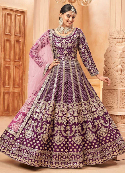 purple indian dress Trendy Party Wear Purple Art Silk Indian Anarkali Dress