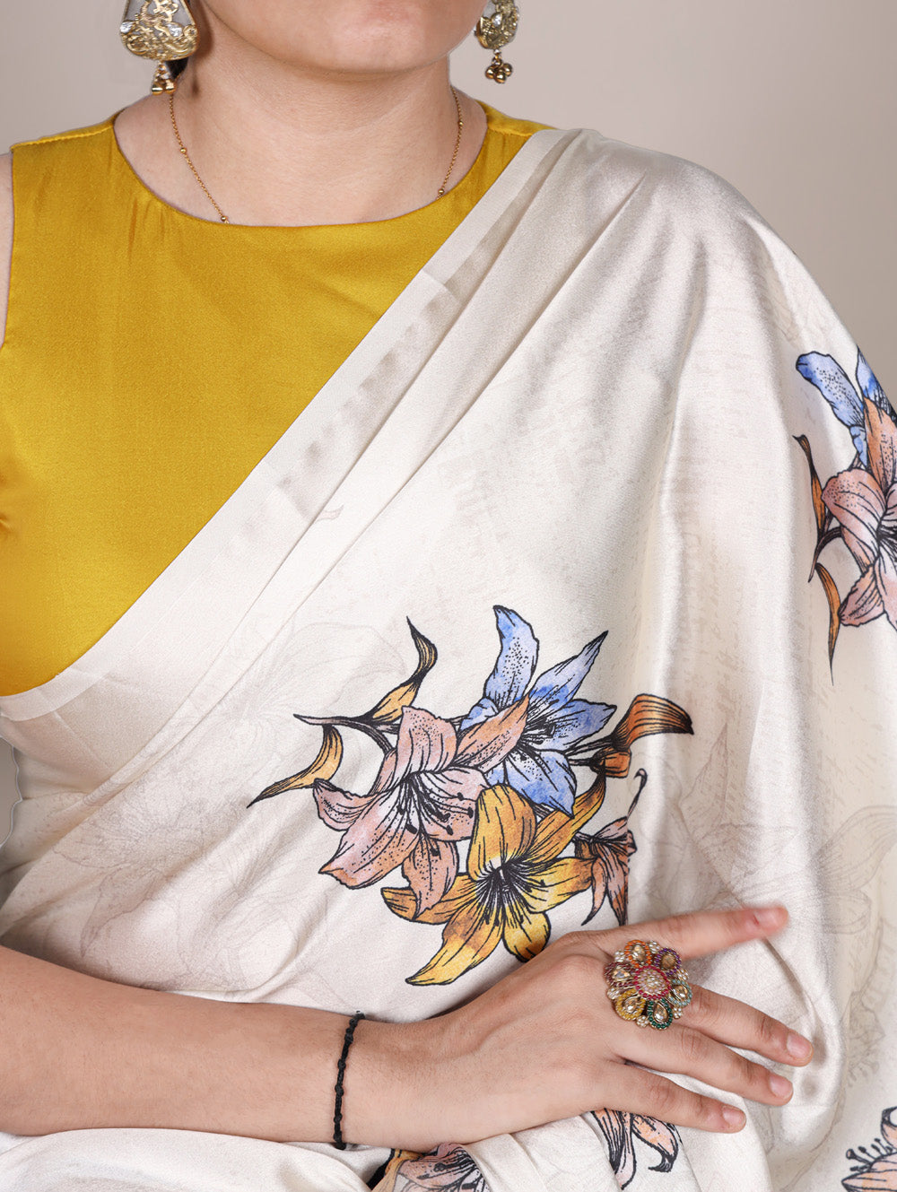 Satin silk saree in off white with floral design