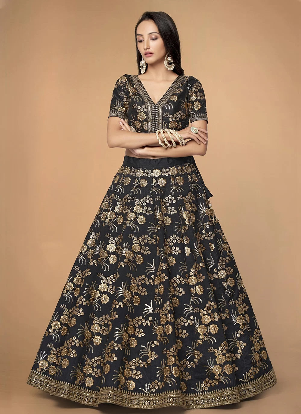 Party Wear Silk Sequins and Dori Work Lehenga For Indian Wedding In Black