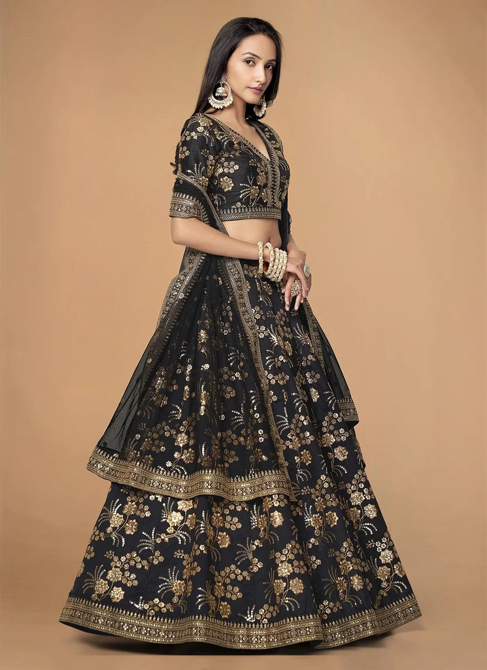 Buy Party Wear Silk Sequins and Dori Work Lehenga For Indian Wedding In Black Custom Stitched Buy Party Wear Silk Sequins and Dori Work Lehenga For Indian Wedding In Black Custom Stitched