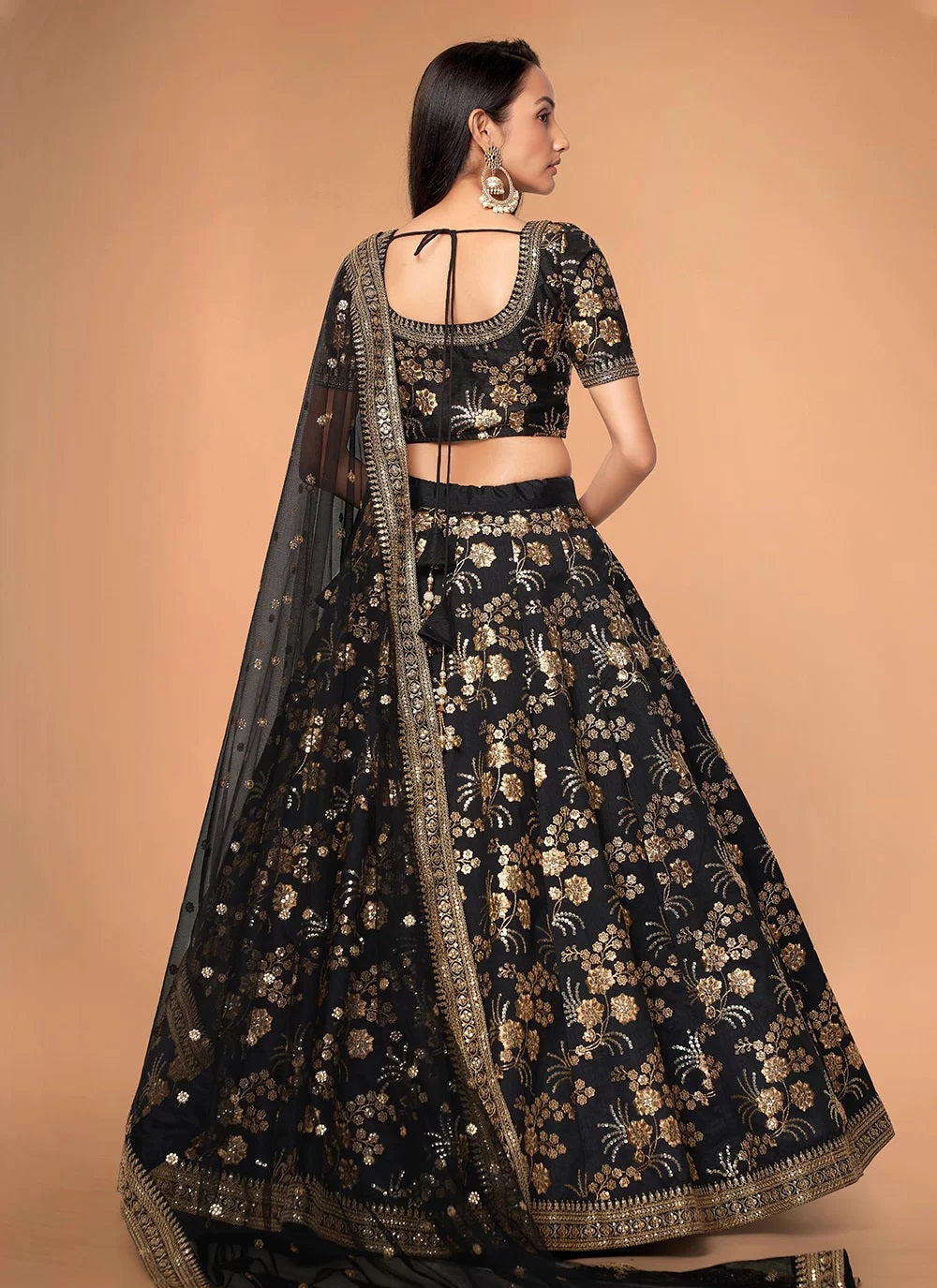 Party Wear Silk Sequins and Dori Work Lehenga For Indian Wedding In Black