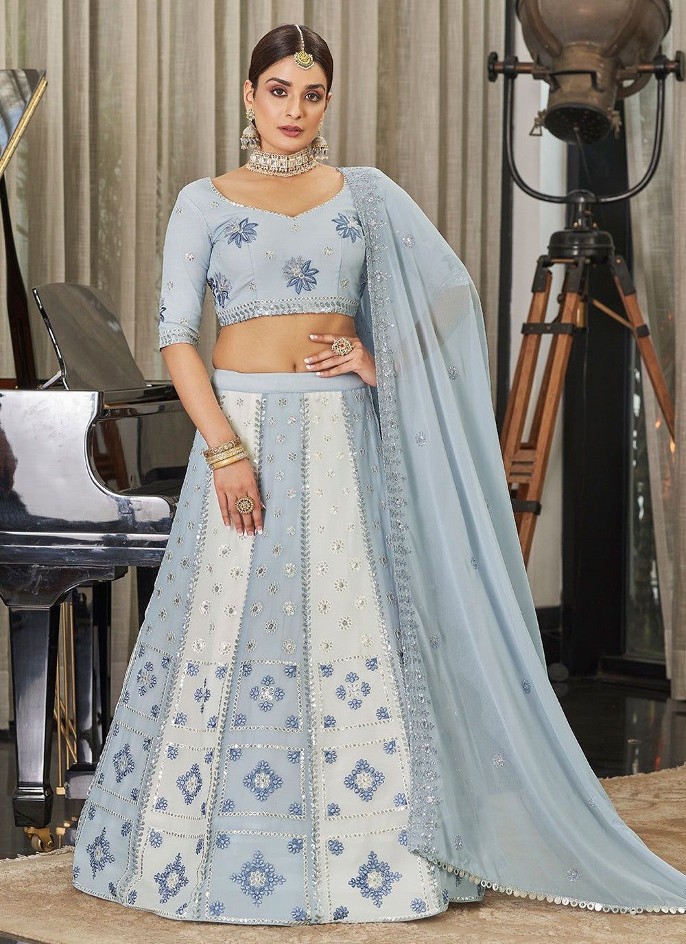 Party Wear Sky Georgette Thread Sequins Embroidery Lehenga Choli