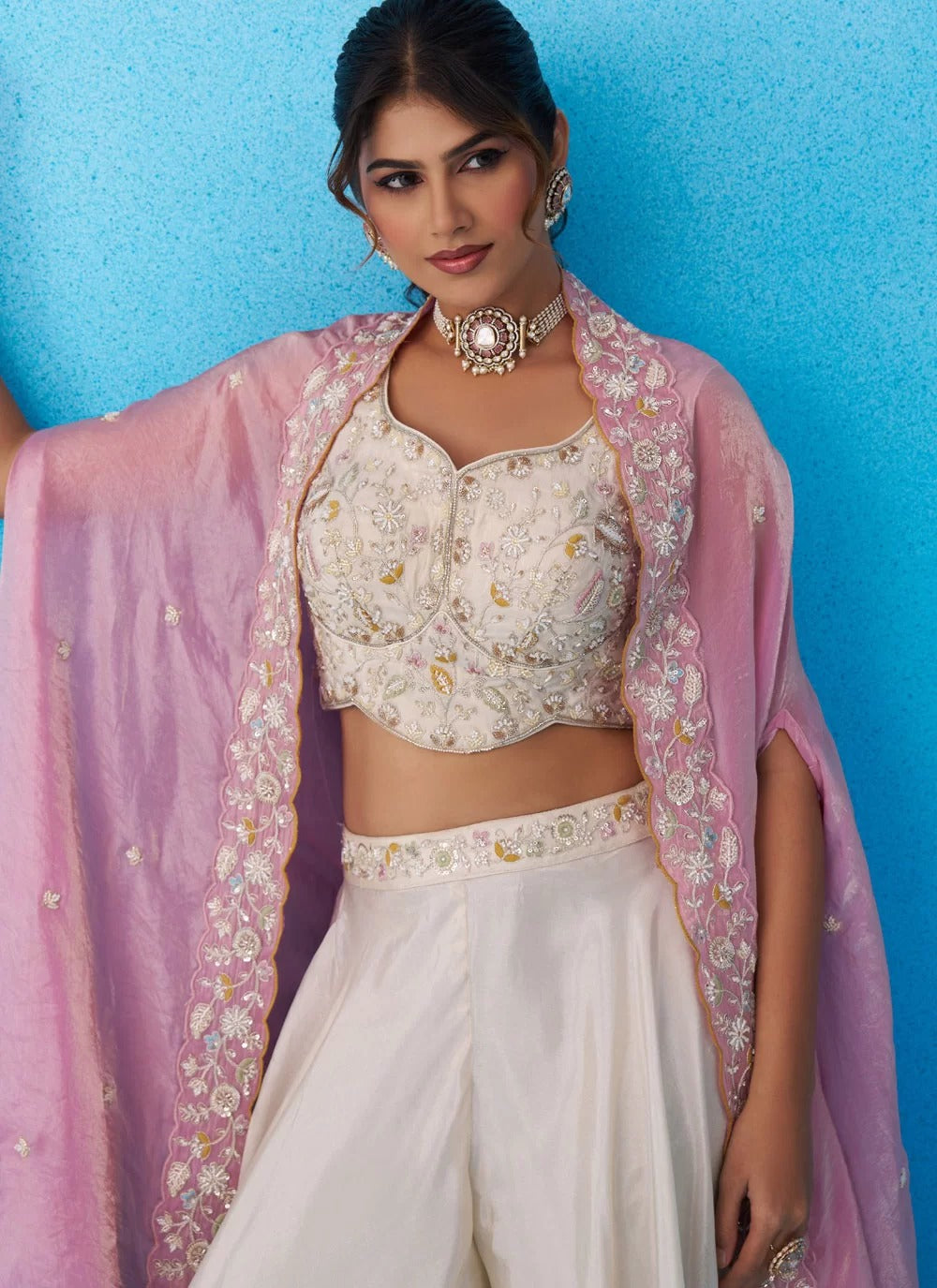 Cream Pink Indo Western Co-Ord Set with Embroidered Cape for Women