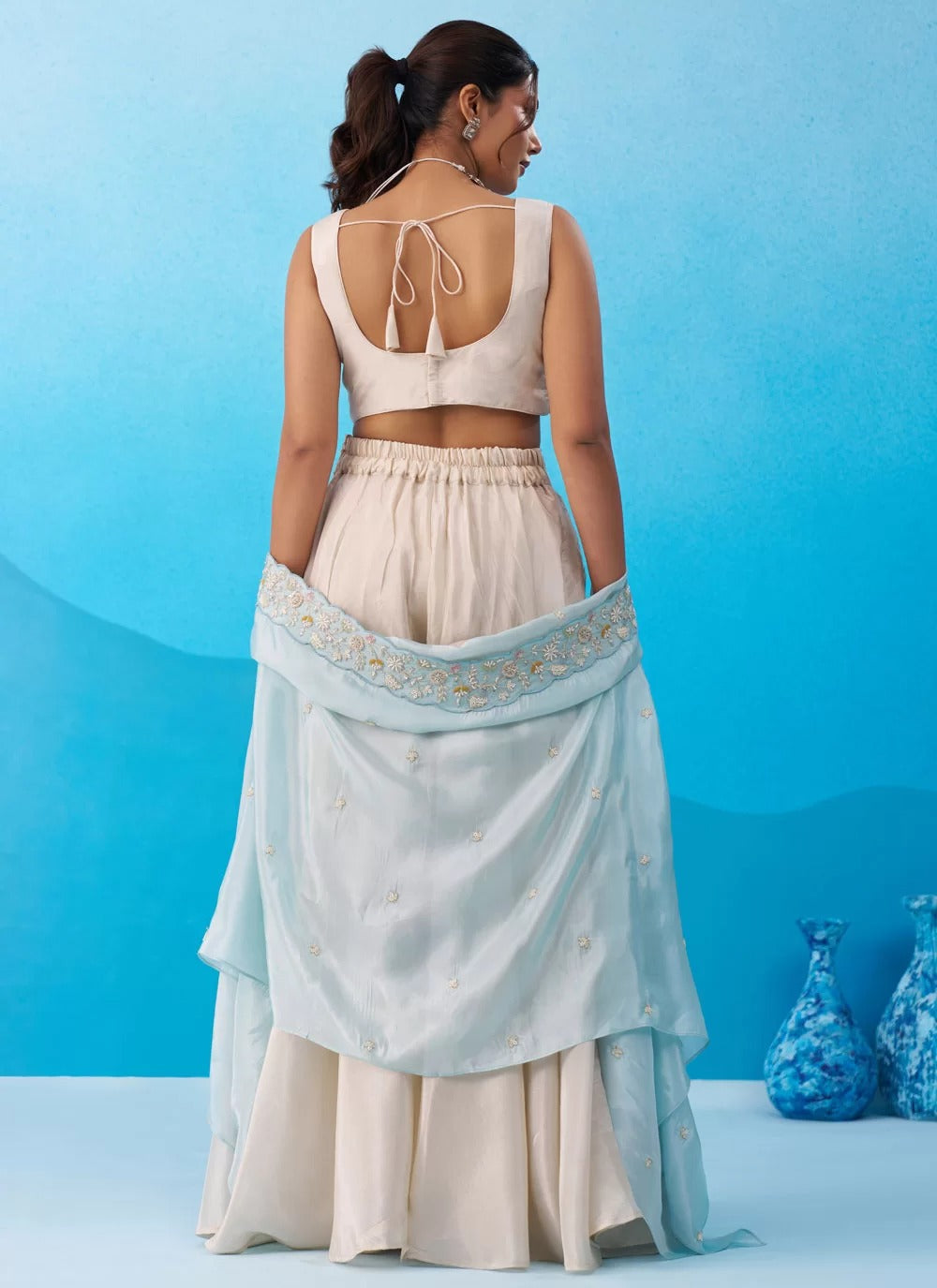 Cream sky fusion outfit with beads embroidered cape