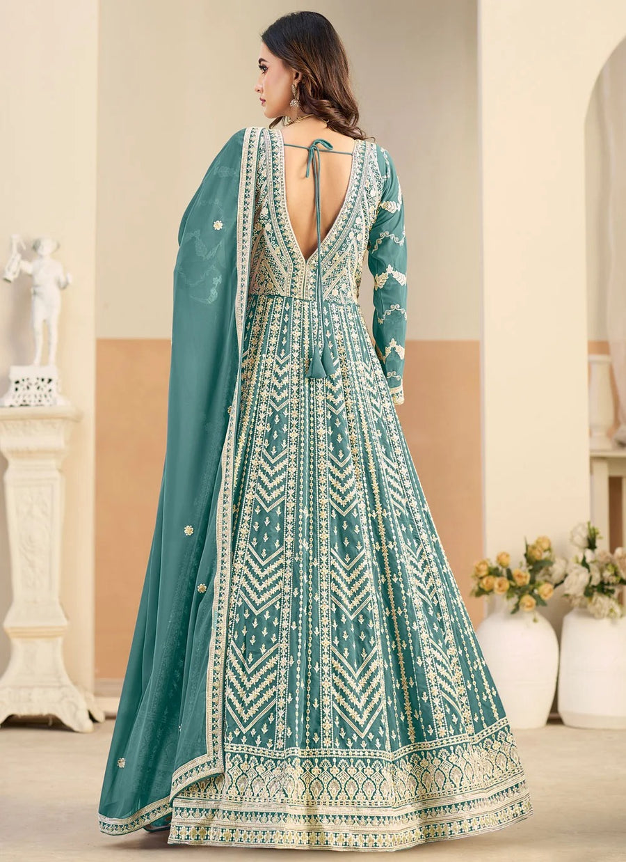 Elegant pastel sea green mehndi wear Anarkali suit
