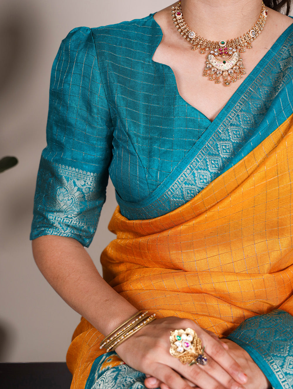 Mustard Color Patola Print With Weaving Work Tussar Chex Saree