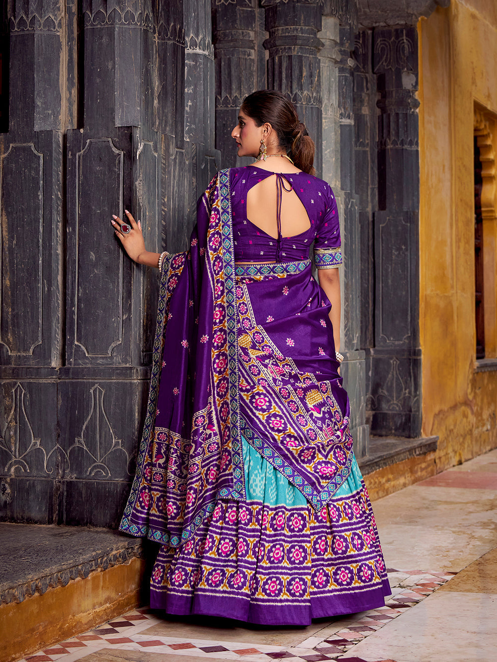 Sky Blue Color Ikkat Patola Printed Tasar Silk Lehenga Choli