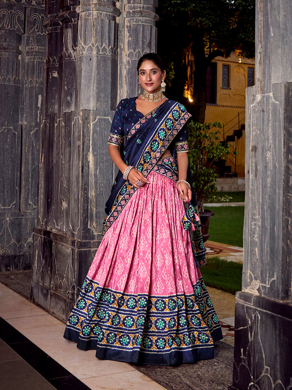 Light Pink Color Ikkat Patola Printed Tasar Silk Lehenga Choli