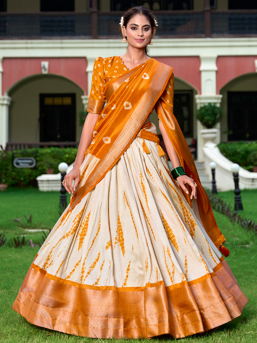 Mustard Color Shibori Print With Zari Weaving Border Dola Silk Chaniya Choli