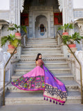 Peach Color Kalamkari With Foil Work Tussar Silk Lehenga Choli