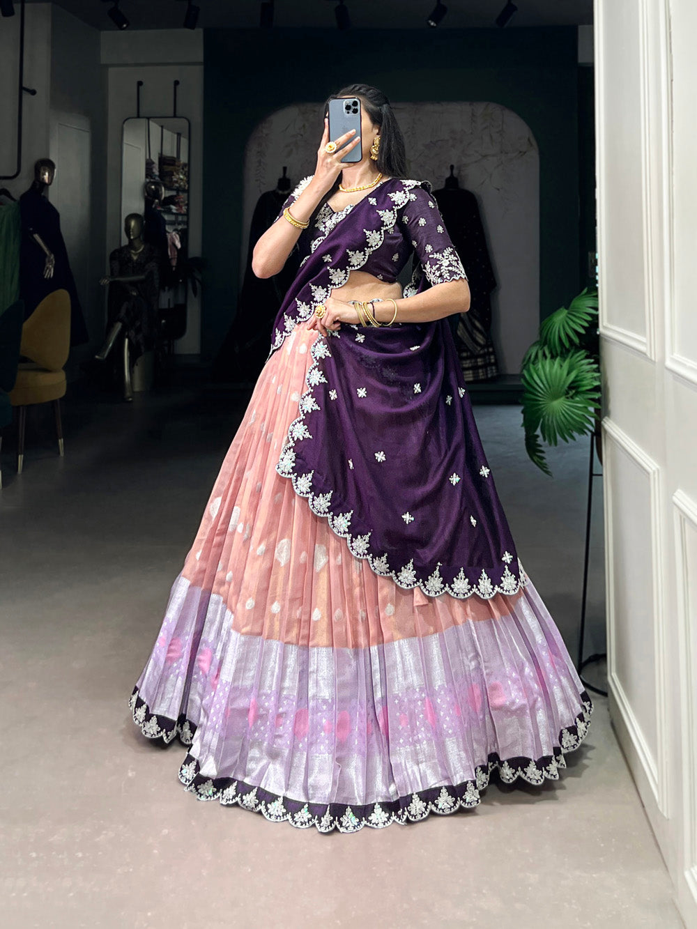 Zari kota peach lehenga with scallop lace