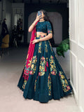 Peacock Blue Color Printed And Foil Work Tussar Silk Lehenga Choli