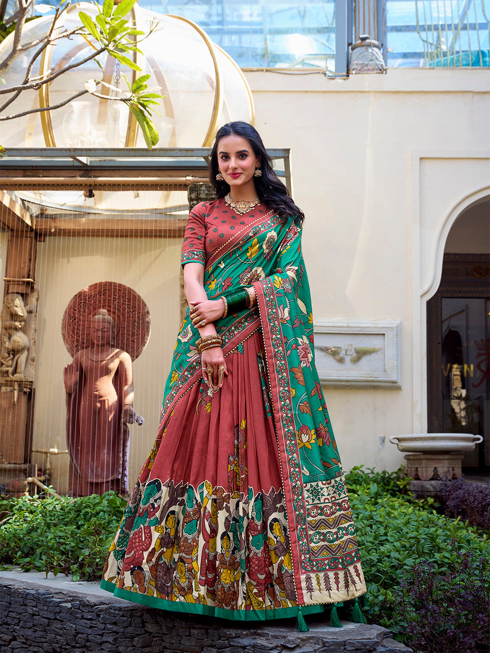 Salmon Color Kalamkari Print With Foil Work Tussar Silk Lehenga Choli