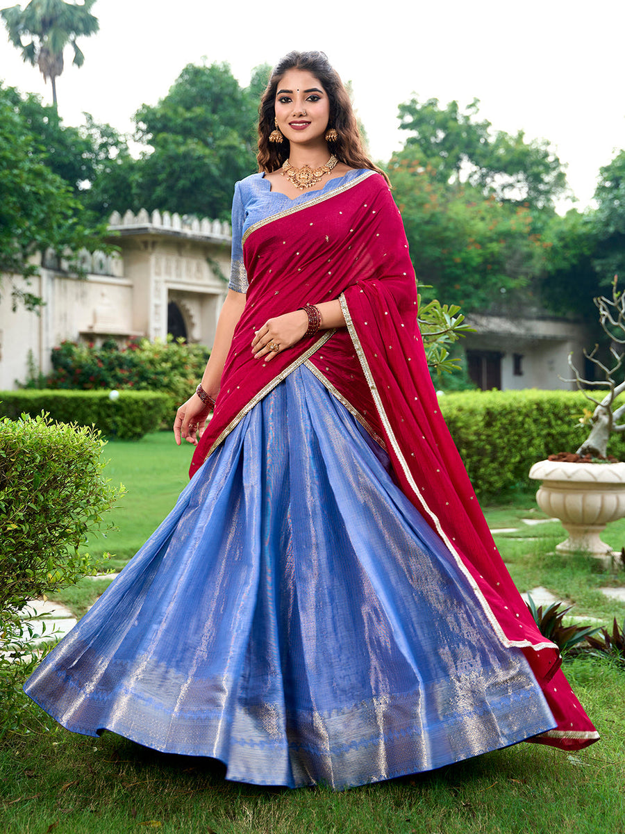 Royal blue Kanchipuram lehenga choli with zari weaving