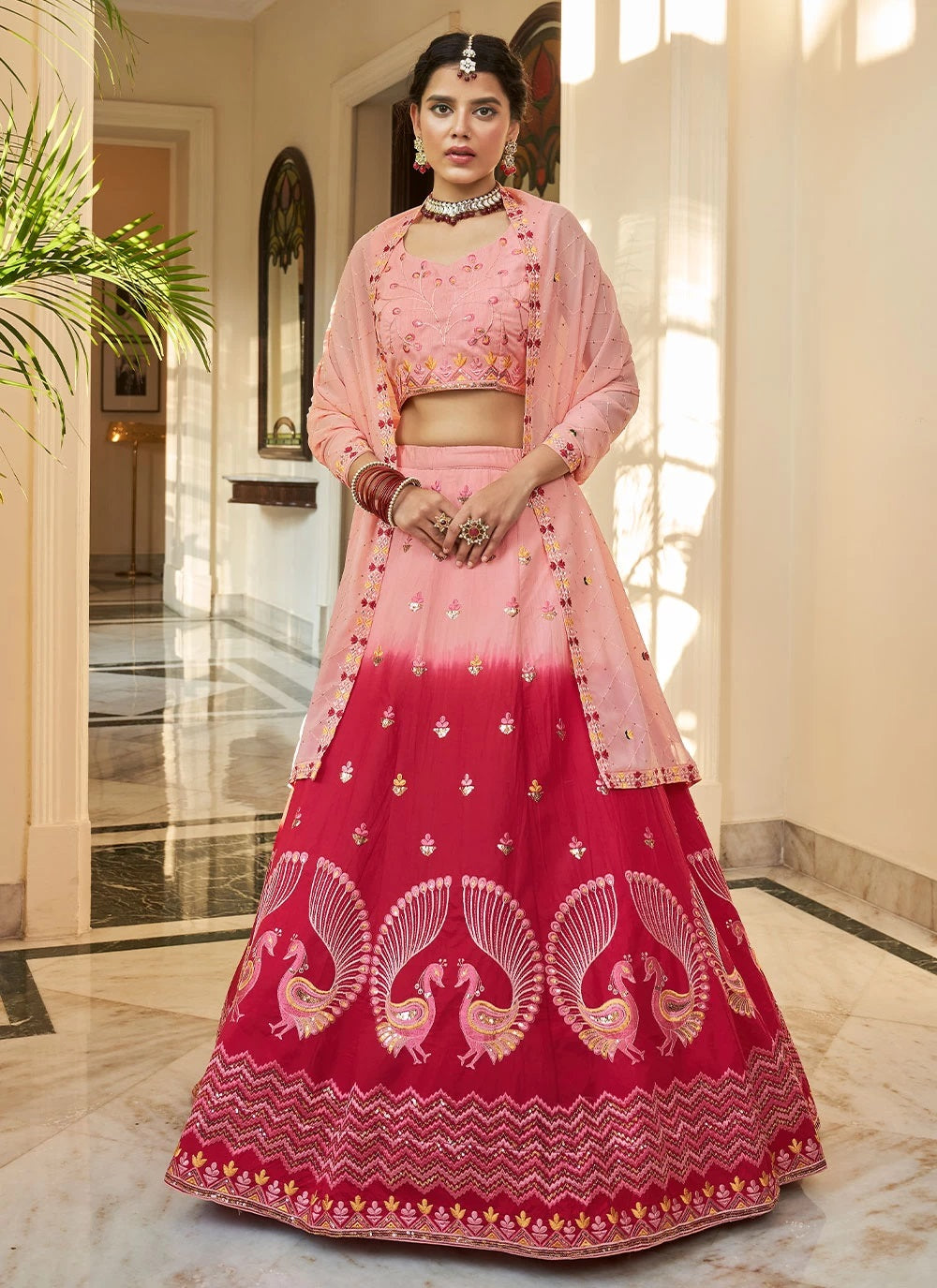 Peach Art Silk Thread sequins and Mirror Work Indian Ethnic Lehenga