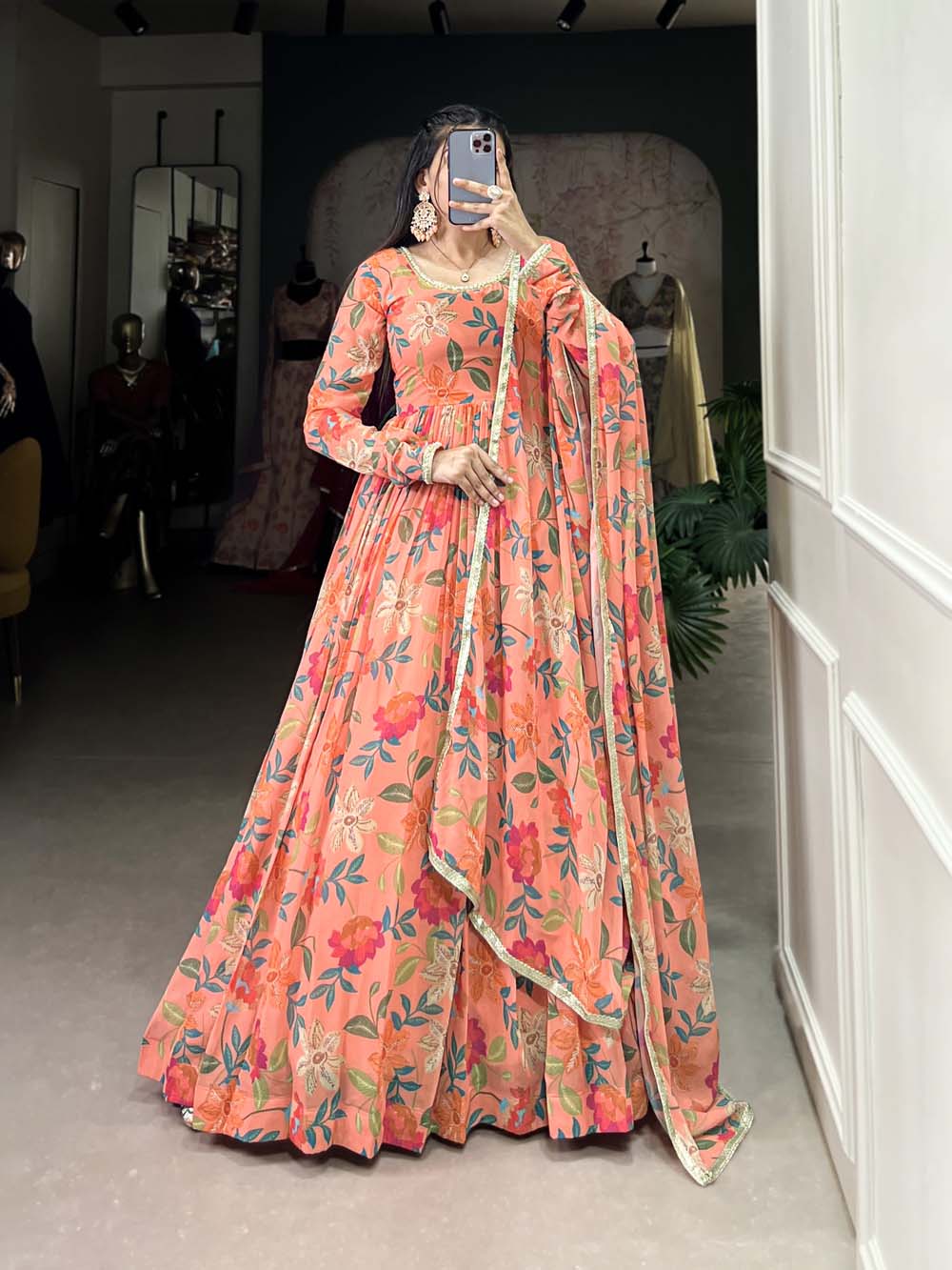 Peach Color Floral Print With Lace Border Georgette Gown