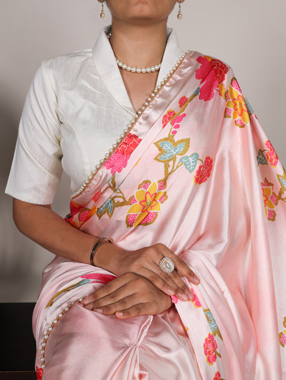 Peach Color Floral Print With Peral Lace Border Satin Silk Saree