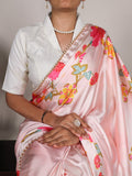 Peach Color Floral Print With Peral Lace Border Satin Silk Saree