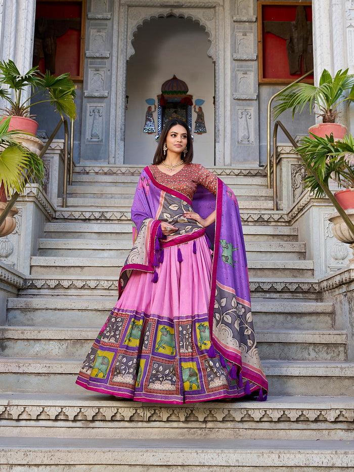 Peach Tasar silk lehenga with Kalamkari print