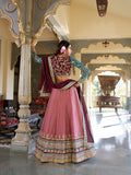 Peach Color Sequins And Thread Embroidery Work Moonga Silk Lehenga Choli