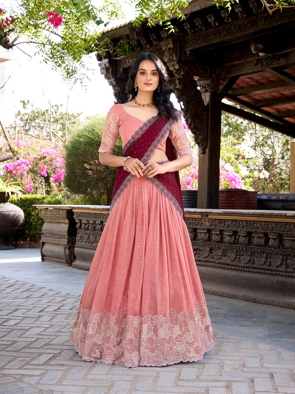 Peach Color Sequins And Embroidery Work With Hotfix Silver Glossy Lehenga Choli