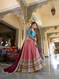 Peach Color Sequins And Thread Embroidery Work Moonga Silk Lehenga Choli