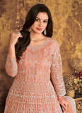 Peach Embroidered Abaya Style Suit in Net 