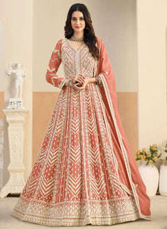 Peach embroidered Anarkali suit in faux georgette fabric