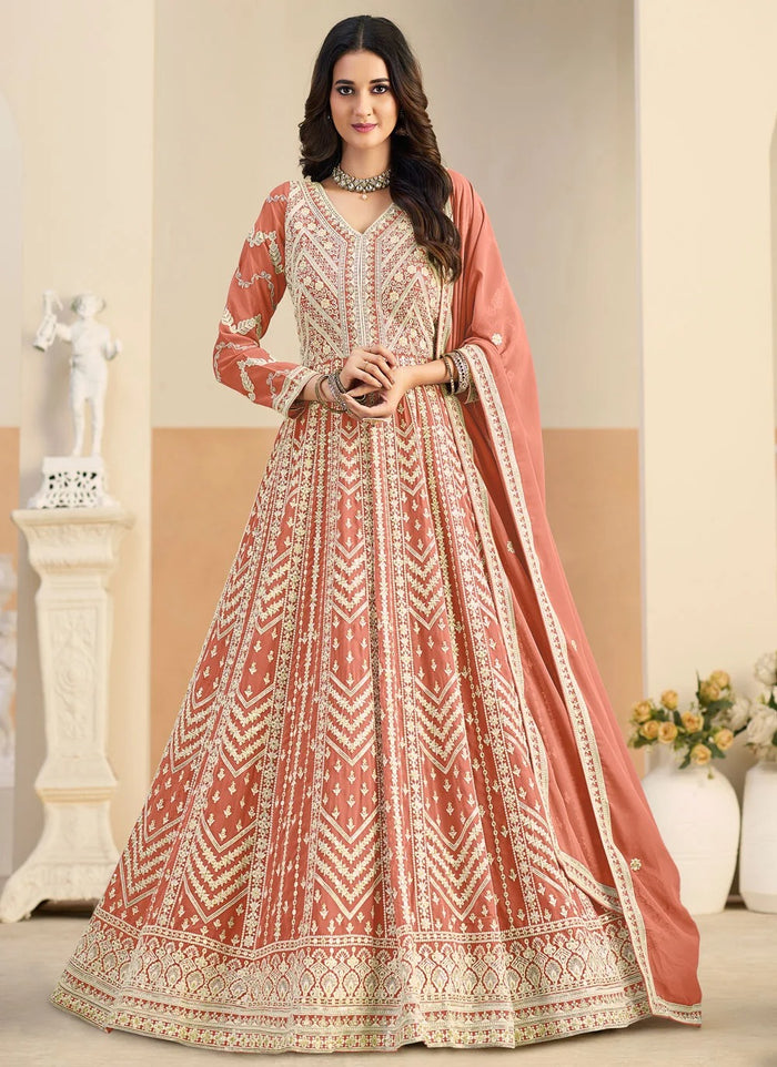 Peach embroidered Anarkali suit in faux georgette fabric