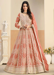 Peach embroidered Anarkali suit in faux georgette fabric