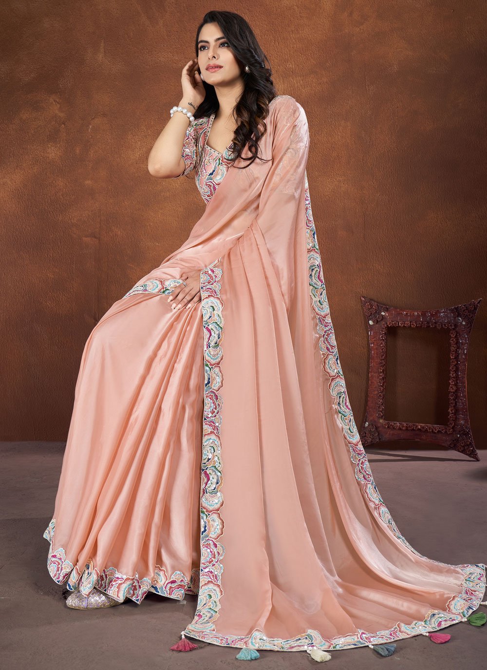Peach Embroidered Crepe Satin Silk Saree with Net Stitched Blouse