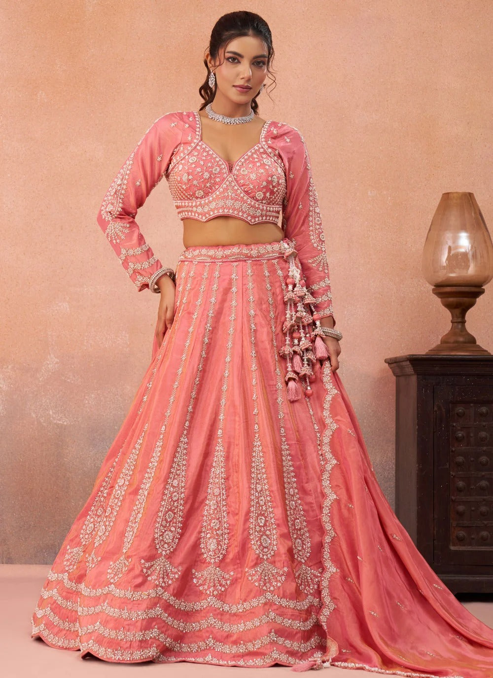 Peach Floral Embroidered Tissue Lehenga | Designer Wedding Wear