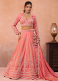 Peach Floral Embroidered Tissue Lehenga | Designer Wedding Wear