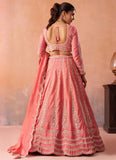 Peach tissue lehenga with floral embroidery, heavy beads and sequins work for wedding celebrations
