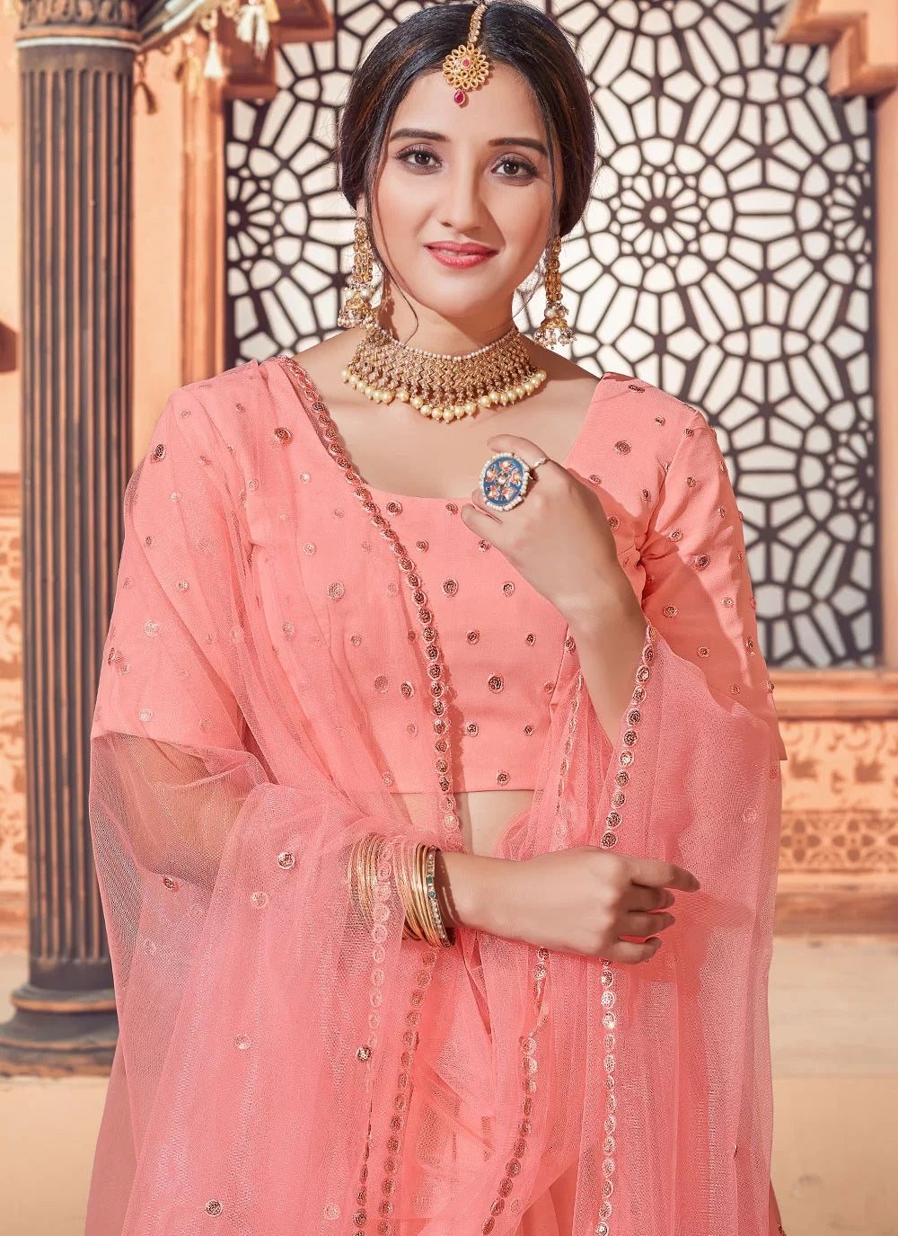 Peach Georgette Thread with Sequince Embroidered Wedding Lehenga Choli