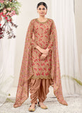 Peach Net Embroidery Patiyala Suit With Organza Dupatta