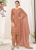 Peach Net Embroidery Patiyala Suit With Organza Dupatta