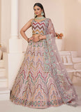 Peach Net Sequins And Stone Work Engagement Lehenga