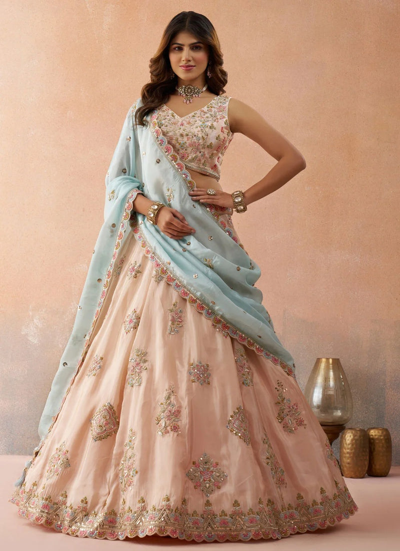 Peach Tissue Bridal Lehenga | Sequins & Zari Embroidery
