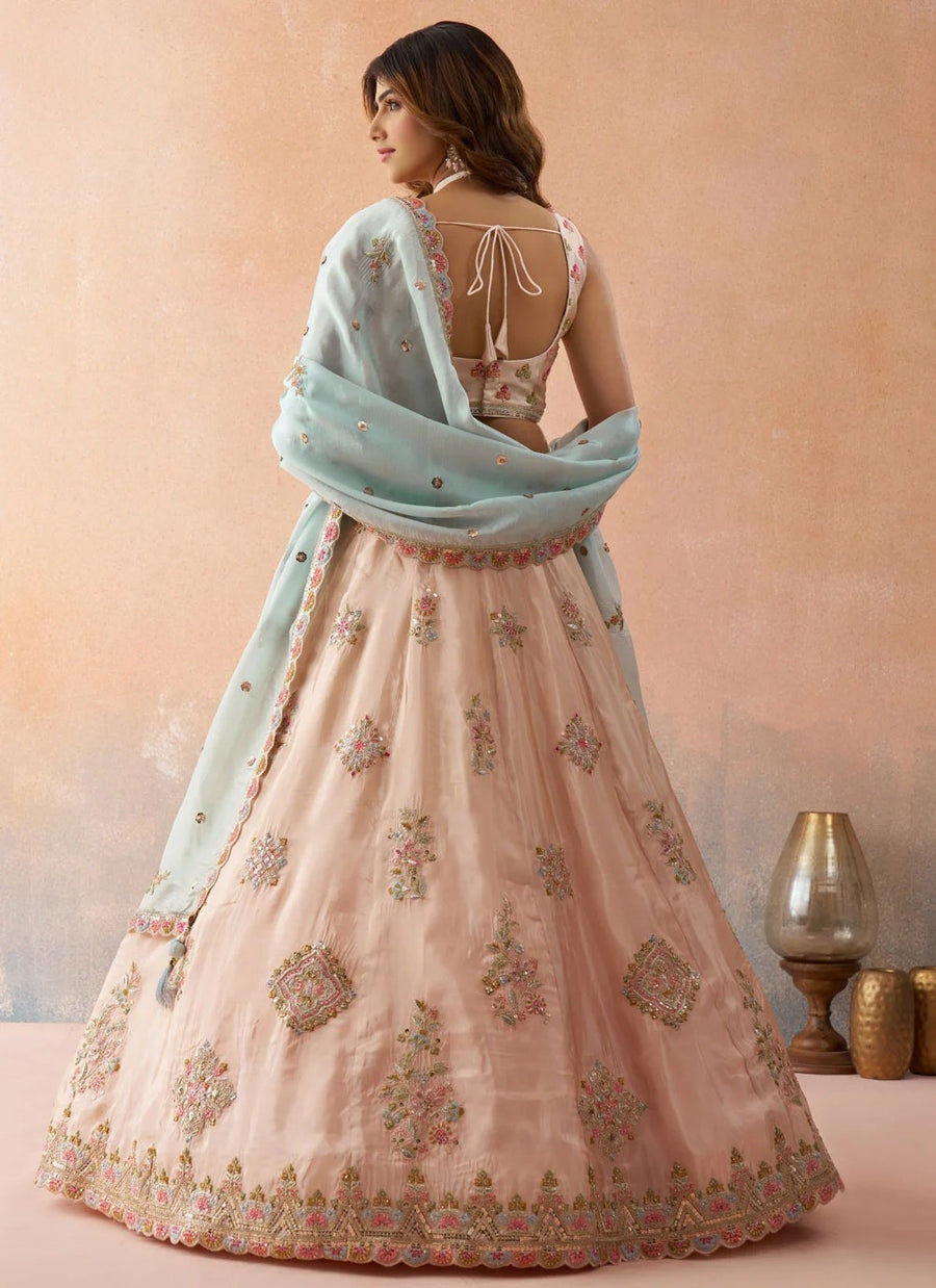 Peach Tissue Bridal Lehenga with Sequins and Zari Embroidery